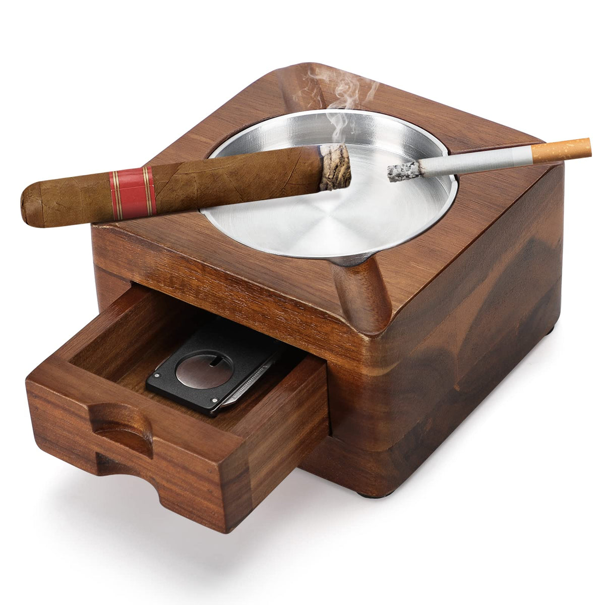 Tesonway Cigar Ashtray, Wooden Ashtray, Square Ashtray 4 Slots Cigar Holder with Accessories Drawer for Indoor Outdoor Patio Home Office, Personalized Cigar Gifts for Men