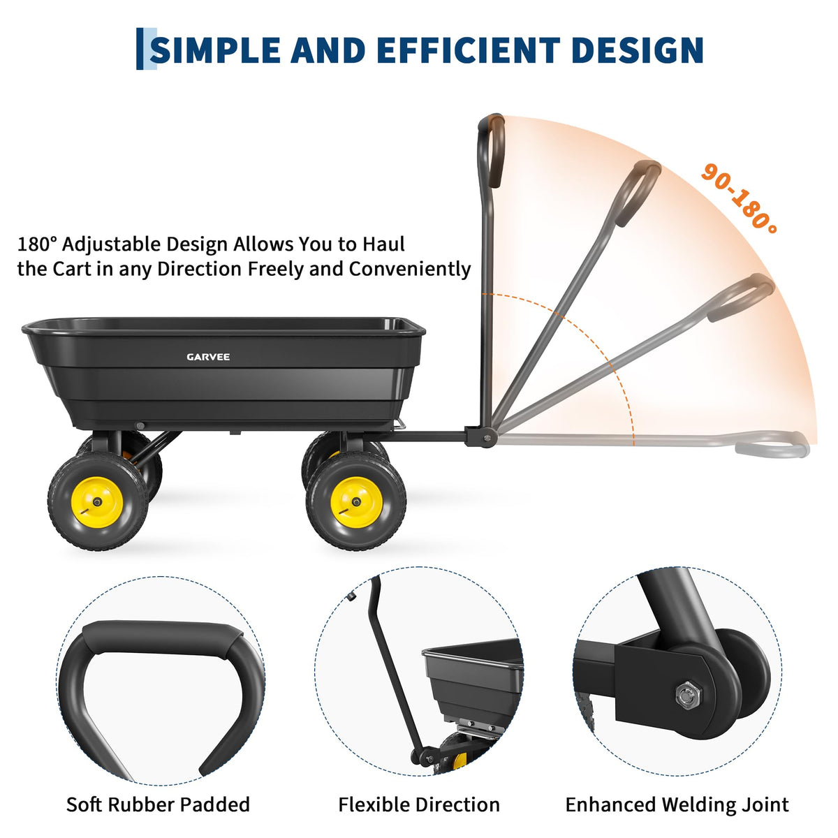 Garvee Poly Garden Dump Cart, Heavy Duty 600lbs Wheelbarrow Yard Cart Dump Wagon with 10”All Terrain Wheels, Garden Utility Wagon with Quick Release System& Convertible Handle Attach to ATV (Black)