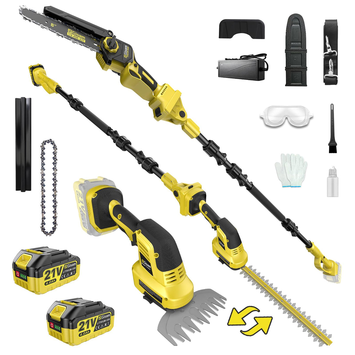 6-IN-1 Cordless Pole Saw & Pole Hedge Trimmer, Dual 4.0Ah Batteries, 8" Brushless Pruning Saw& 16" & 6" Electric Hedge Trimmer Grass Shears, Bush Trimmer, 14.8FT Reach Electric Tree Trimming Kit