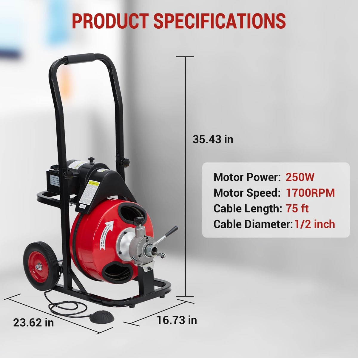 GarveeTech Auto Feed 75 ft x 1/2 in Drain Cleaner Machine with 250W Motor, Portable Sewer Snake Auger with 8 Cutters & Air-activated Foot Switch, Fits 1 in to 4 in Pipes, Black & Red