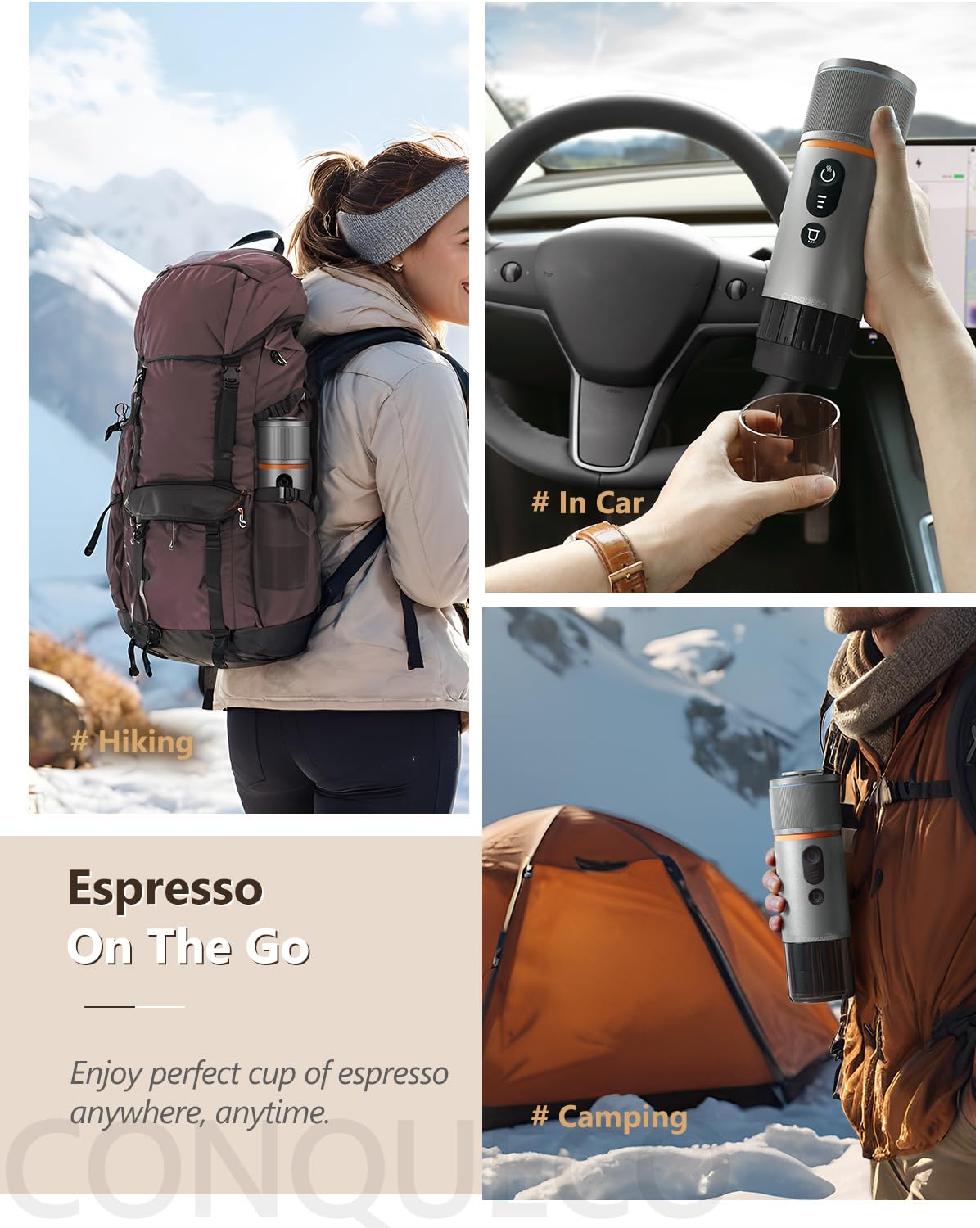 CONQUECO Self-Heating Portable Espresso Machine: Travel Coffee Maker with 13500mAh Battery - 12v Small Electric Fast Heating - Set for Ground Coffee & NS Capsule for RV, Car, Hiking, Office, Camping