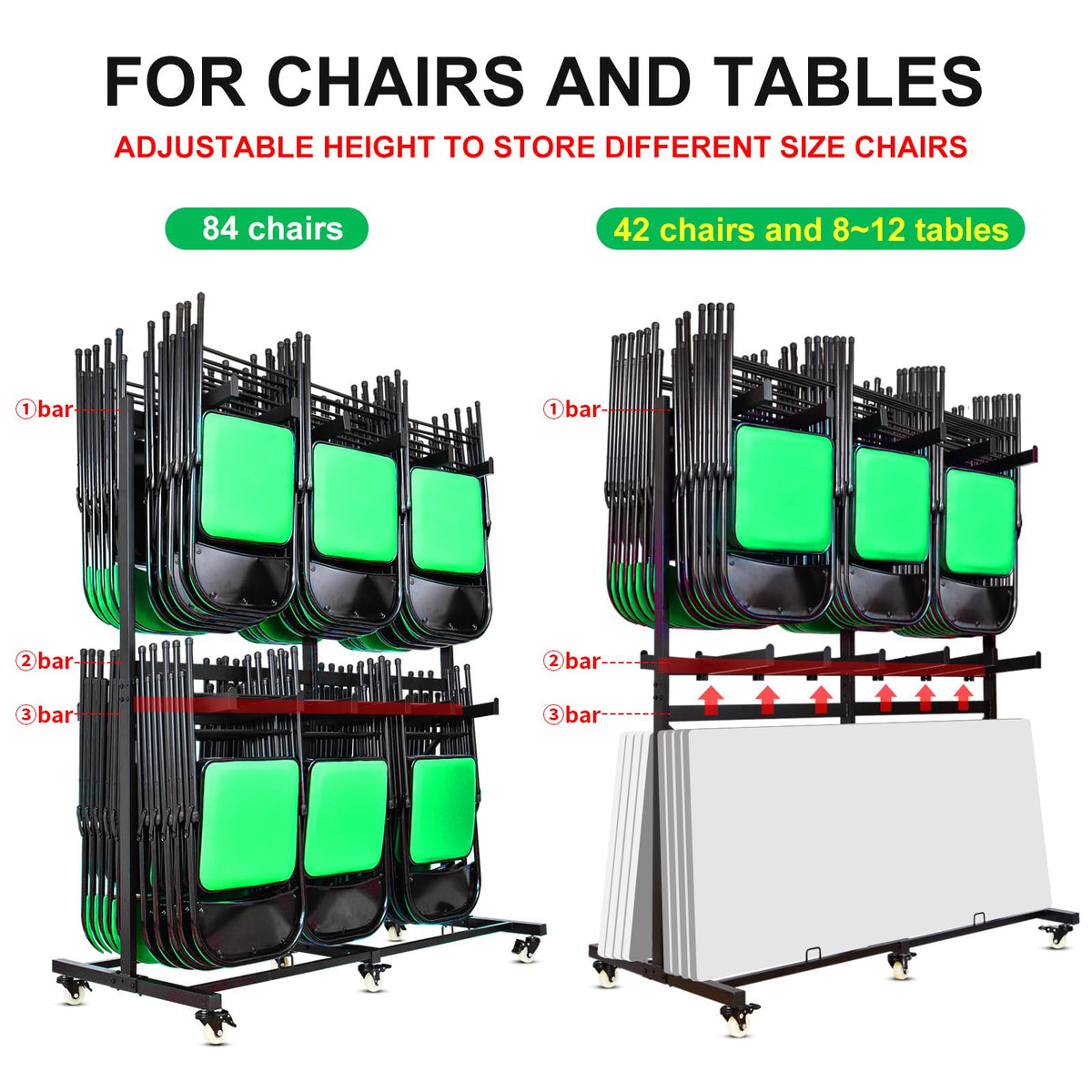 Gliretiky Folding Chair Cart Storage Rack Thickened Two Tier Heavy Duty Folding Table Chair Racks for Storage with Locking Rubber Wheels can Withstand 800LBS Capacity