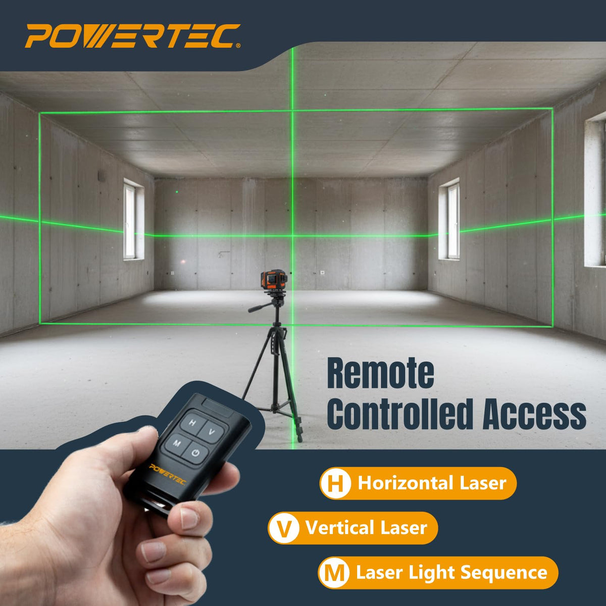POWERTEC LE3360V 3×360° Laser Level, Self-Leveling with Remote Control & Lift Platform, USB-C Rechargeable – For Construction, Tiling, Framing, Drop Ceilings, Cabinets & DIY Projects