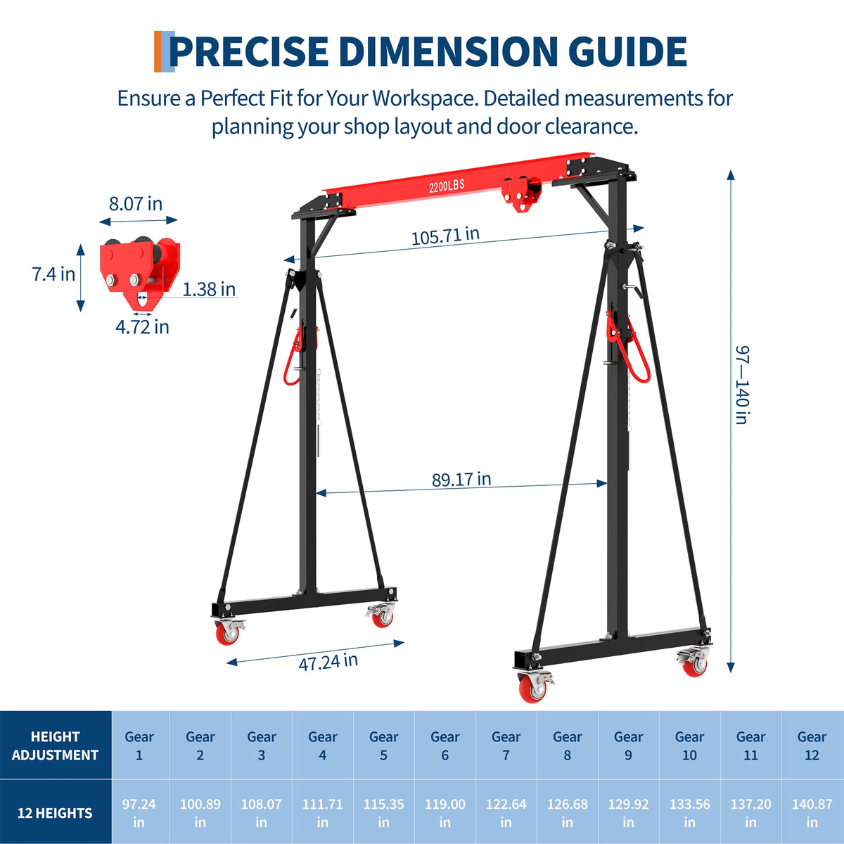 Adjustable Gantry Crane 1 Ton (2200 LBS) with Manual Trolley, Hook and Sling Strap, 12 Locking Positions (97" to 141") with Triangle Base, Portable I-Beam Hoist for Factory, Warehouse, Auto Repair