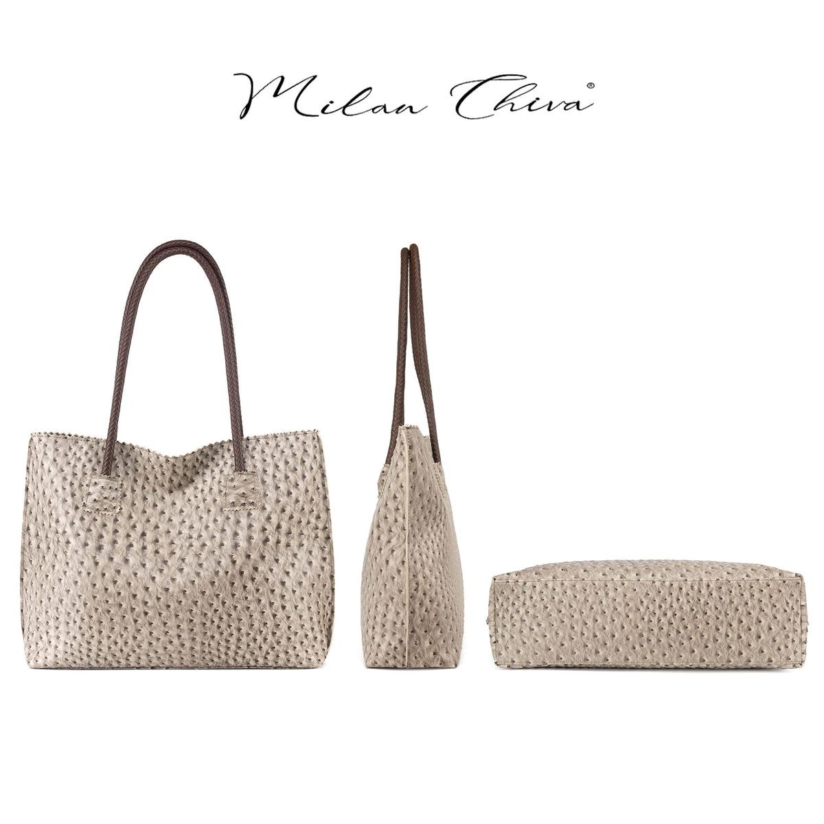 Milan Chiva Leather Tote Bag for Women with Zipper Large Ostrich Hobo Purse Shoulder Purses and Handbags Light Gray Gift MC-1038LGY