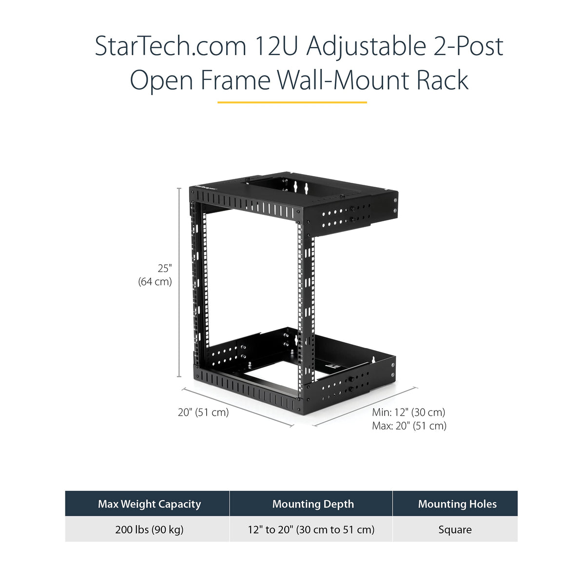 StarTech.com 2-Post 12U Heavy-Duty Wall Mount Network Rack, 19" Open Frame Server Rack with Adjustable Depth, Wall Mount Data Rack for IT / AV / Patch Panel / Computer Equipment (RK12WALLOA)