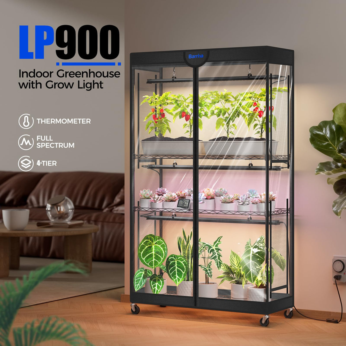 Barrina LP900 Mini Greenhouse with Grow Lights, 4-Tier Plant Stand with135W TX-S45 3FT 3 Dimmable Full Spectrum Lights , Plant Shelf with Tent Timer & Thermometer for Seed Trays 35.4 x 13.8 x 59.1IN