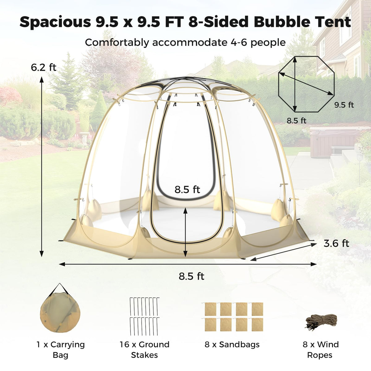 Tangkula Pop Up Bubble Tent, 9.5x9.5 Ft Oversize Outdoor Dome Tent for 4-6 People with 16 Stakes, 8 Wind Ropes, 8 Sandbags, Carrying Bag, Weatherproof Clear Tent for Winter Cold Protection, Camping
