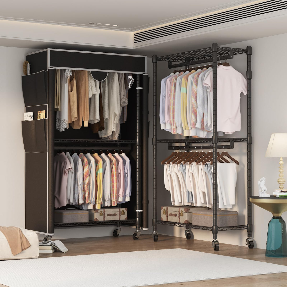 Homdox Garment Rack with Cover, Heavy Duty Clothing Rack for Hanging Clothes, Portable Closet Wardrobe, Double Rods Garment Rack with wheels, 35.1" W x 17.4" D x 80.6" H, Black