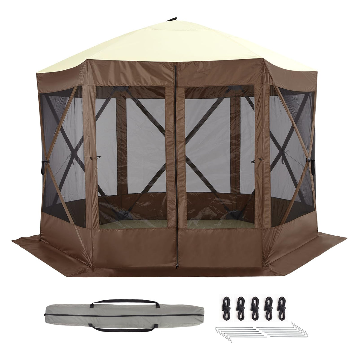 Pop Up Gazebo for Camping, 10x10ft Portable Outdoor Netting Canopy Shelter Tent, Folding Lightweight 6 Side Walls Screen House Tent with Storage Bag, Ground Stakes for Patio Backyard Party, Brown