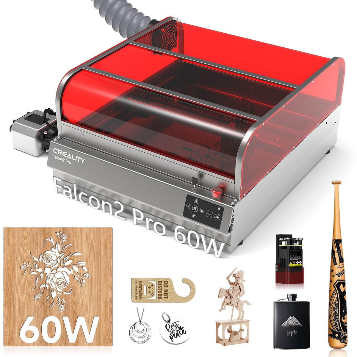 Creality Falcon2 Pro 60W Laser Engraver, Enclosed Laser Cutter with Air Assist, 3-in-1 Laser Module, HD Camera Positioning, Auto Fan, Class 1 Safety Laser Engravering Machine for Wood and Metal