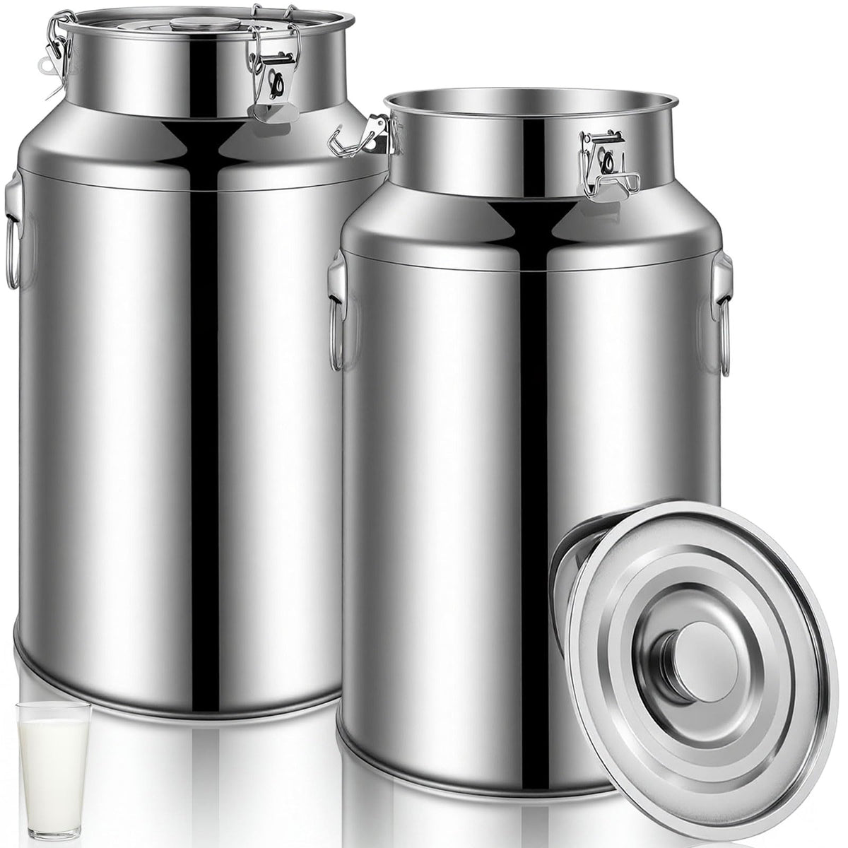 FillTouch 2 Pcs Stainless Steel Milk Can 35L/ 9.25 Gallon Heavy Duty Metal Milk Dispenser Container Pail Water Jug with Locking Sealed Lid Food Wine Oil Storage Container for Home Farm Kitchen