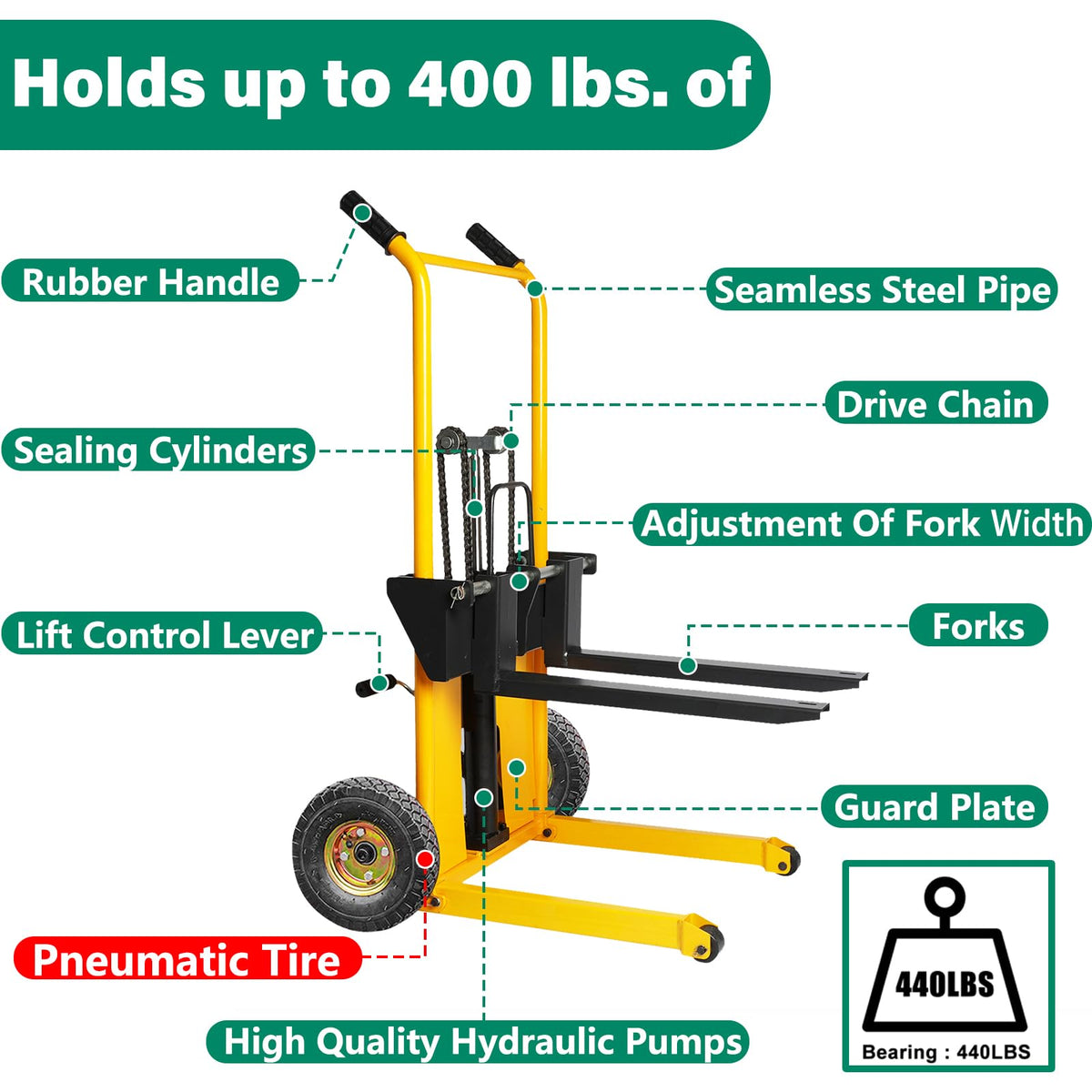 Foldable Hydraulic Material Lift Dolly, Pallet Stacker, 440lbs Capacity, Removable Steel Platform & Fork Arms, with Pneumatic Tire, Winch Stacker (440 lb. Steam Tire Wheel)