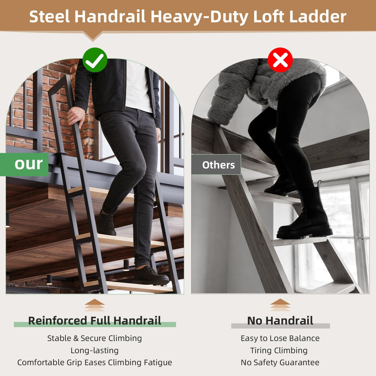 11.35FT Industrial Style Loft Ladder, 9 Steps with Black Steel Handrails & Solid Wood Steps, 450lbs Capacity, Fits 9.2-10FT Installation Height,for Attic, Kitchen, Warehouse,Bookshelf& Outdoor