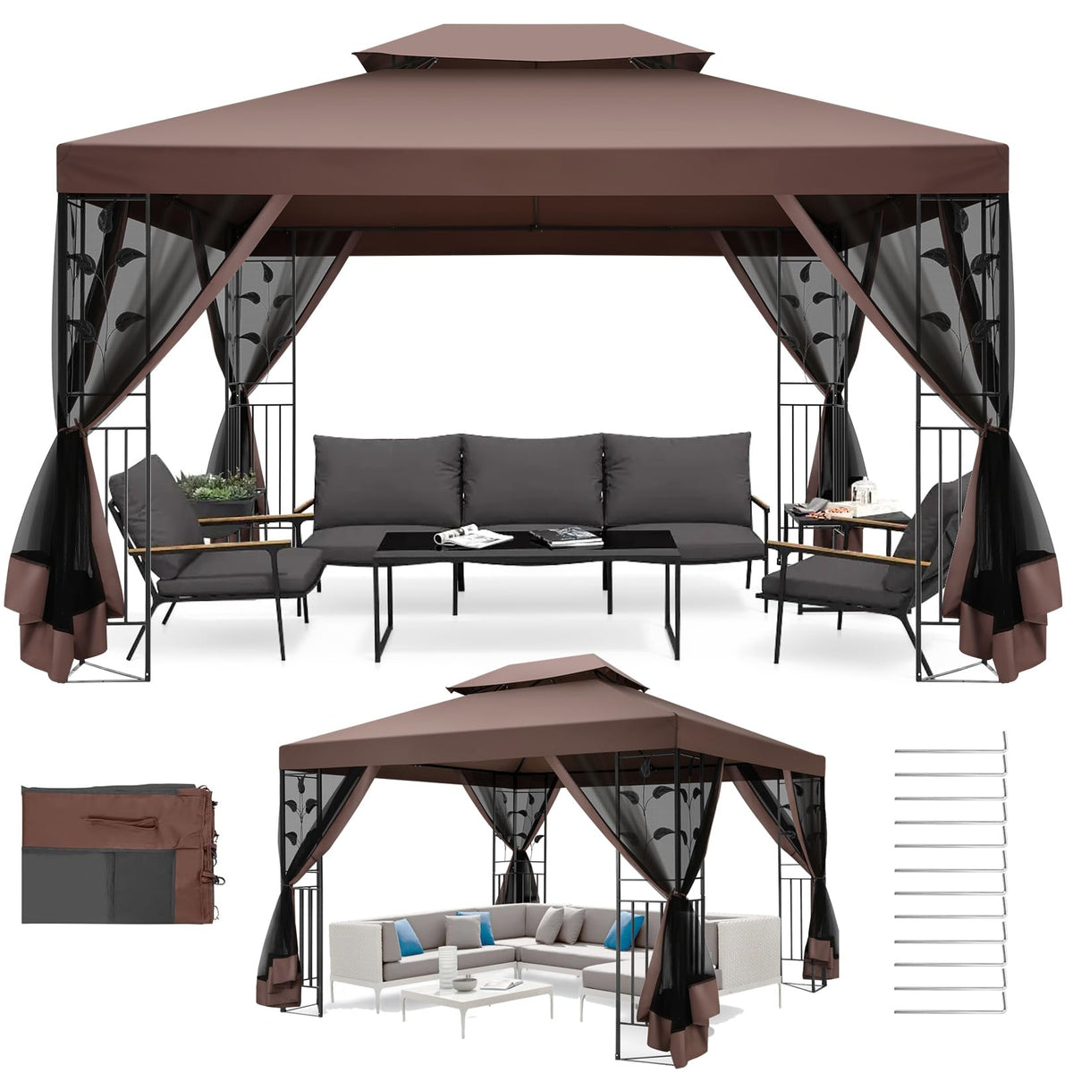 COBIZI Gazebo with Improved Cold-Proof Nettings Winter Gazebos on Clearance Heavy Duty Gazebos Double Roof with Metal Frame Gazebo Tent for Patio, Deck (Frame Thickened)