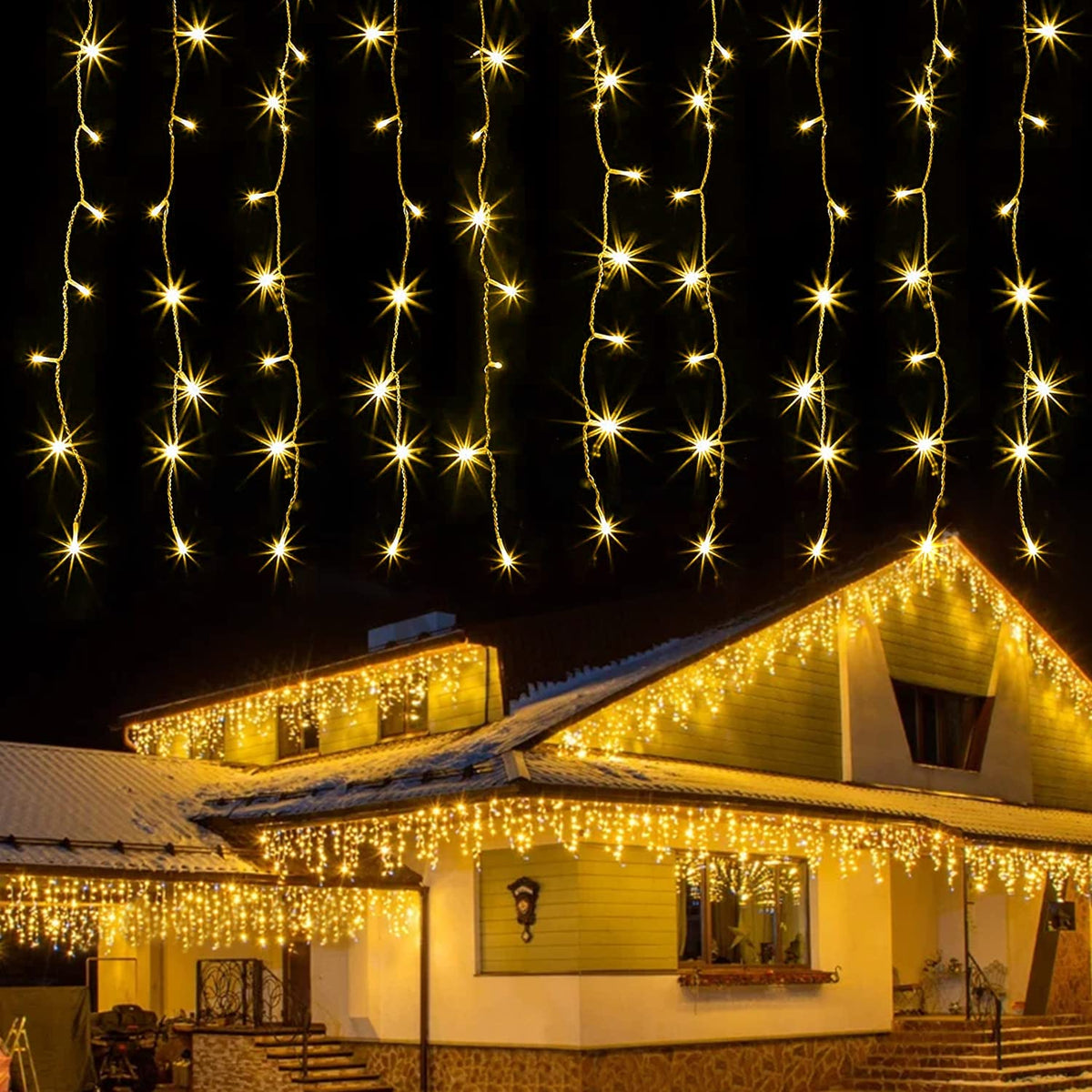 kemooie 400 LED Outdoor Curtain Lights, 26.2FT x 3.3FT Curtain String Lights with 8 Shining Modes for Indoor Ceremony Birthday Christmas Party Bedroom Balcony Roof Decorations (Warm White)