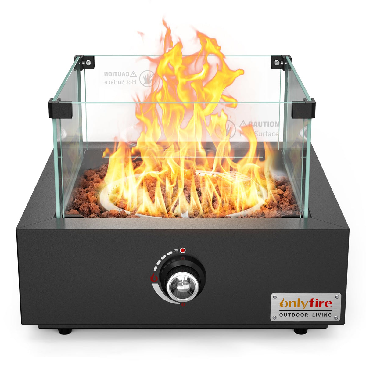 ONLYFIRE OUTDOOR LIVING 15.7" Portable Propane Gas Fire Pit Side-Mounted, Modern Tabletop Fireplace Smokeless Firepit with Glass Wind Guard for Patio Camping RV Tailgating, 23000BTU, Square FP040