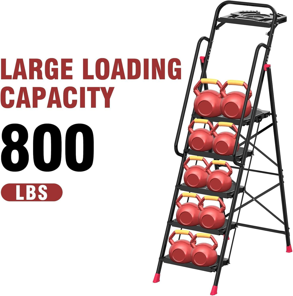 5 Step Foldable Step Ladder Stool with Roomy Tool Tray and Secure Handrail, Foldable Platform Ladder 5 Step Folding Stepstools with Wide Pedals and 800lbs Weight Capacity for Adults, Home, Kitchen