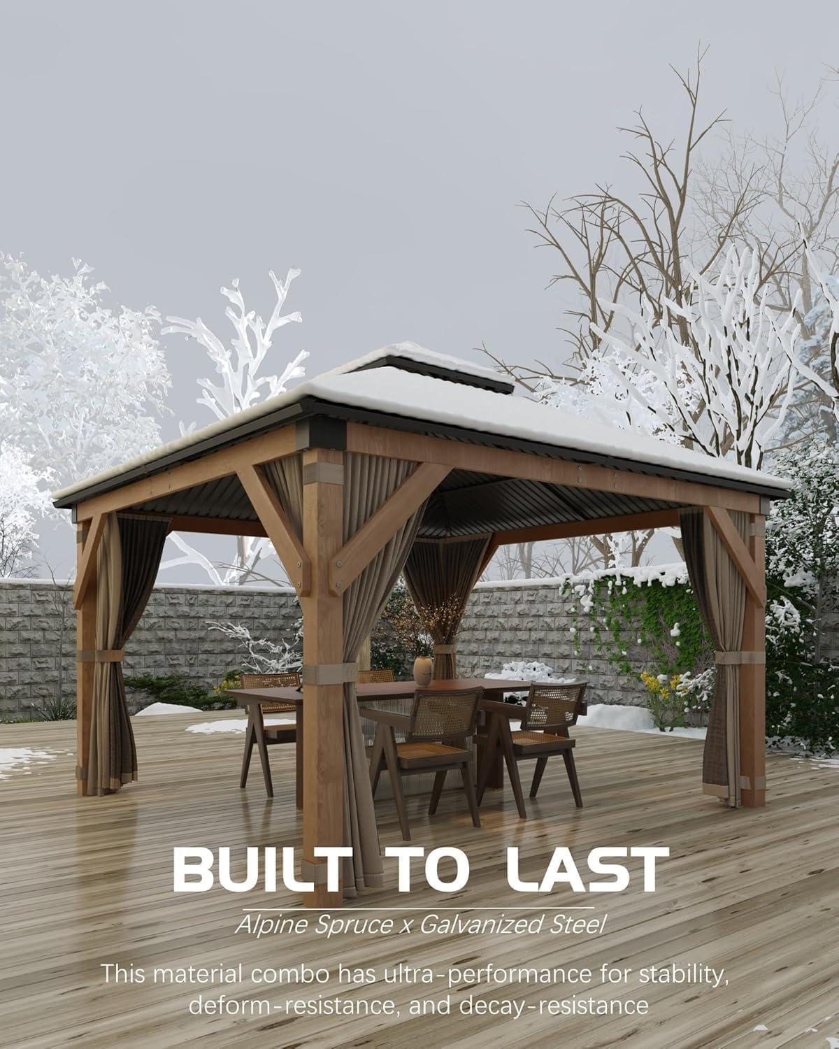 10x10FT Heavy Duty Hardtop Wood Gazebo, Double Metal Roof, Reinforced Spruce Structure, Waterproof Pergola Pavilion with Curtains & Mosquito Net for Outdoor Patio, Deck, Yard