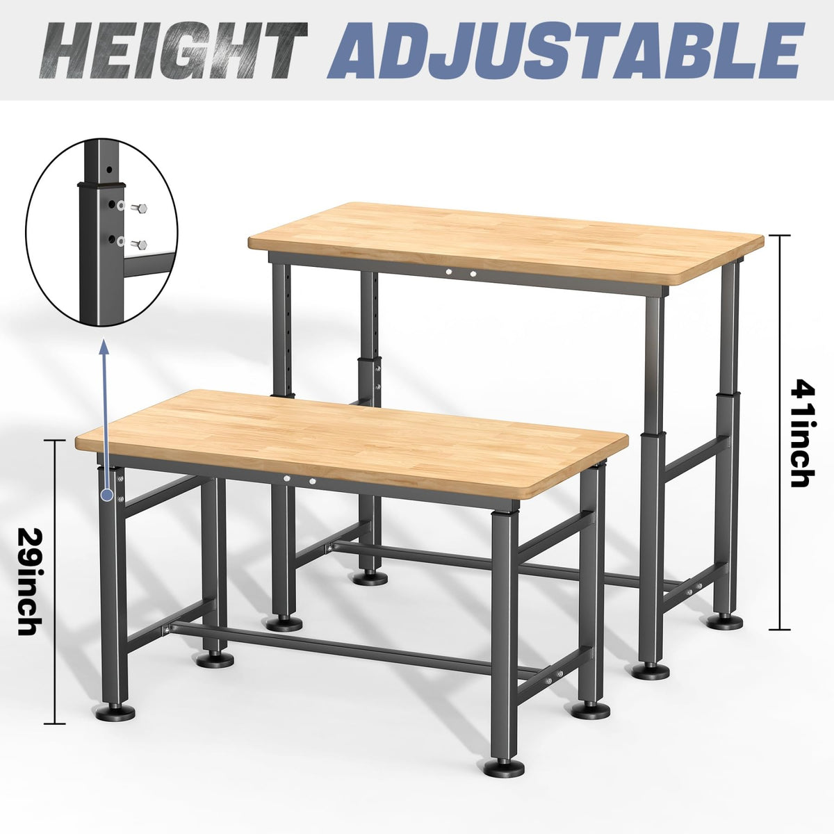 WALMANN Heavy Duty Adjustable Height Workbench 47.75" x 23.25", Rubber Wood Top Work Table for Garage, Workshop, 2000 lbs Load Capacity