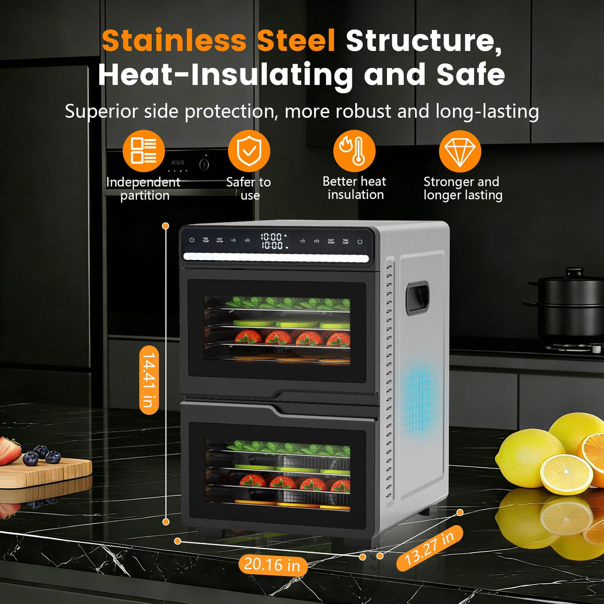 Dual Chamber Food Dehydrator, 12 Stainless Steel Trays, 1100W, Independent Temperature & Time Control for Two Chambers, Flavor Separation Perfect for Jerky, Fruit, Vegetables, Pet Treats