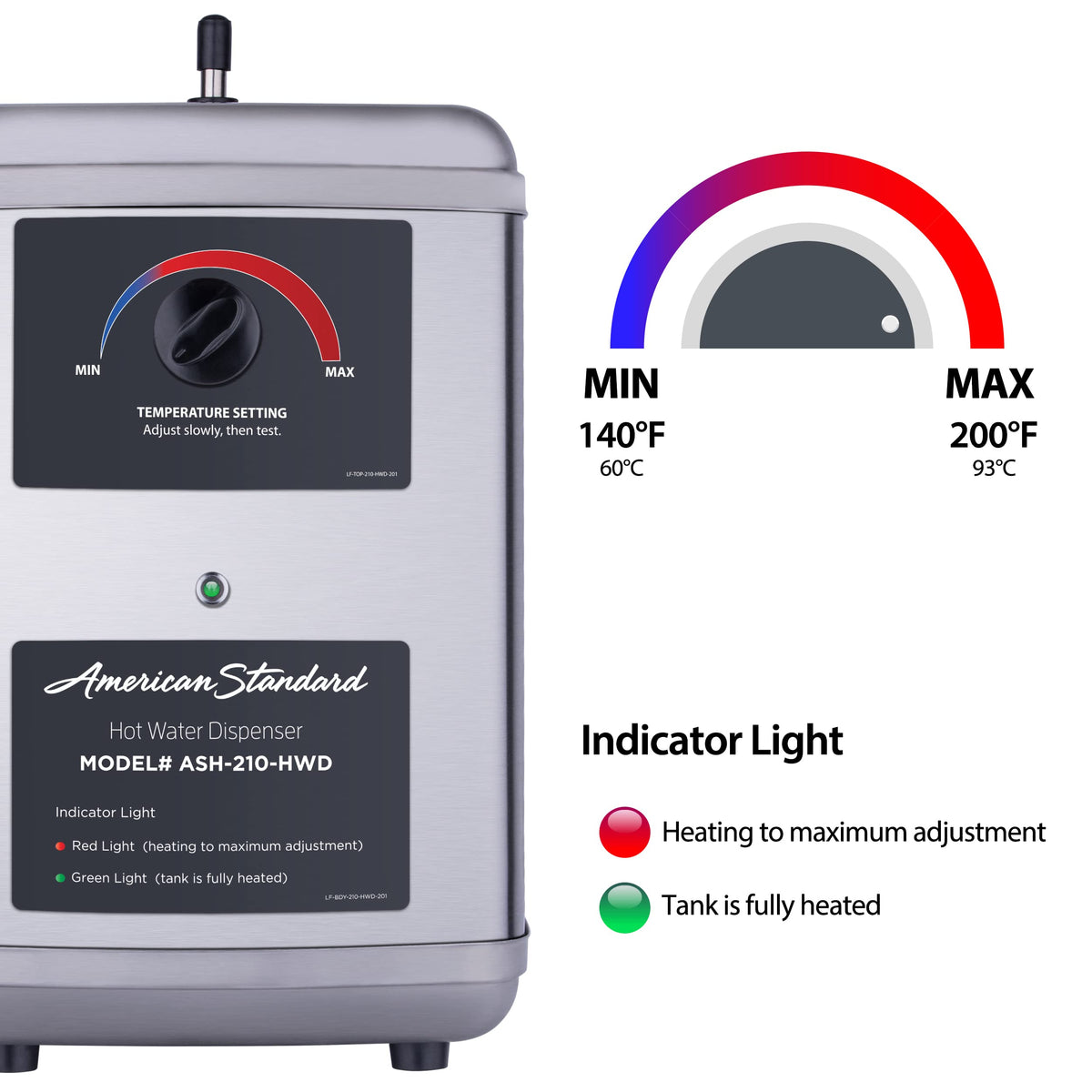 American Standard ASH-210 Hot Water Dispenser, Includes Polished Chrome Single Handle Faucet 1300 Watts, 110v