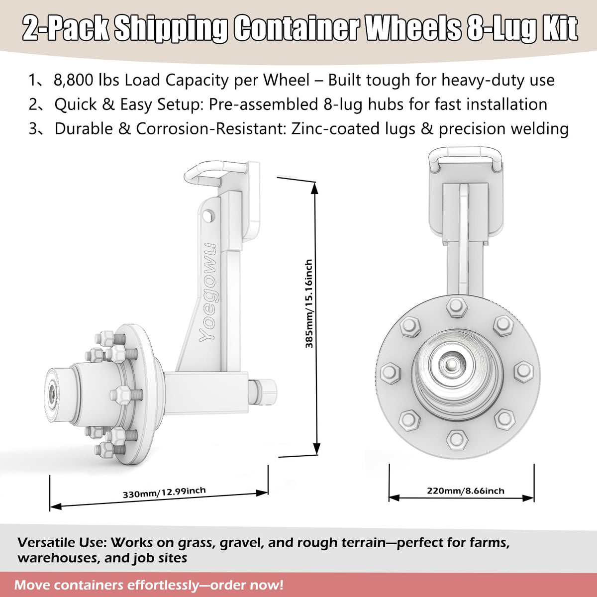 2-Pack Shipping Container Wheels Kit with 8 Lug Bolt-On Spindle,Heavy-Duty Shipping Container Axles for Up to 40ft Containers, 15000LB Capacity, Shipping Container Accessories (8 Lug x 6.5)