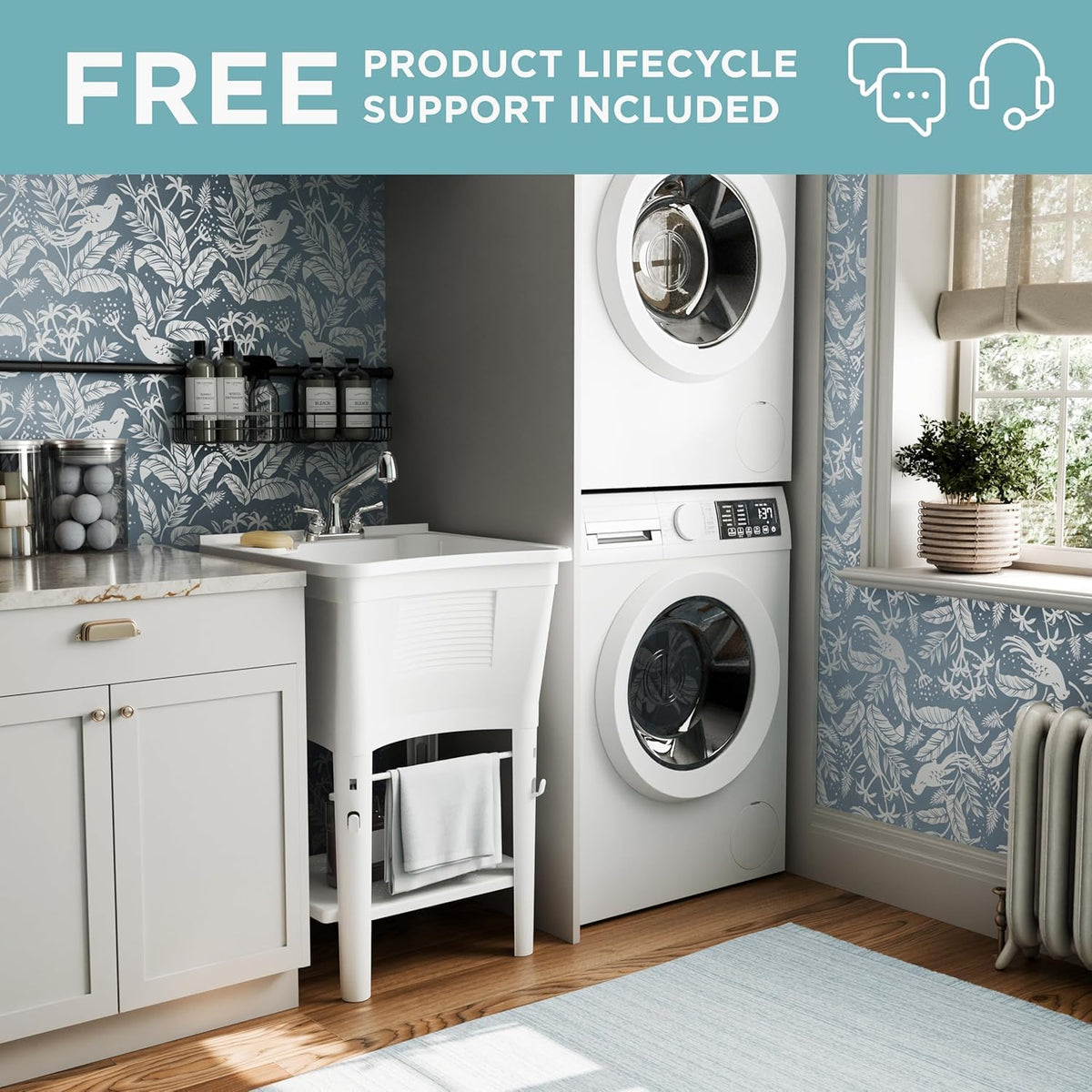 Zenna Home Utility Sink Laundry Tub with Pull-Out Faucet, All-in-One Freestanding Utility Tub for Laundry Room, Basement, Garage, Outdoor Kitchen, 24" L x 24" W x 36.75" H, White