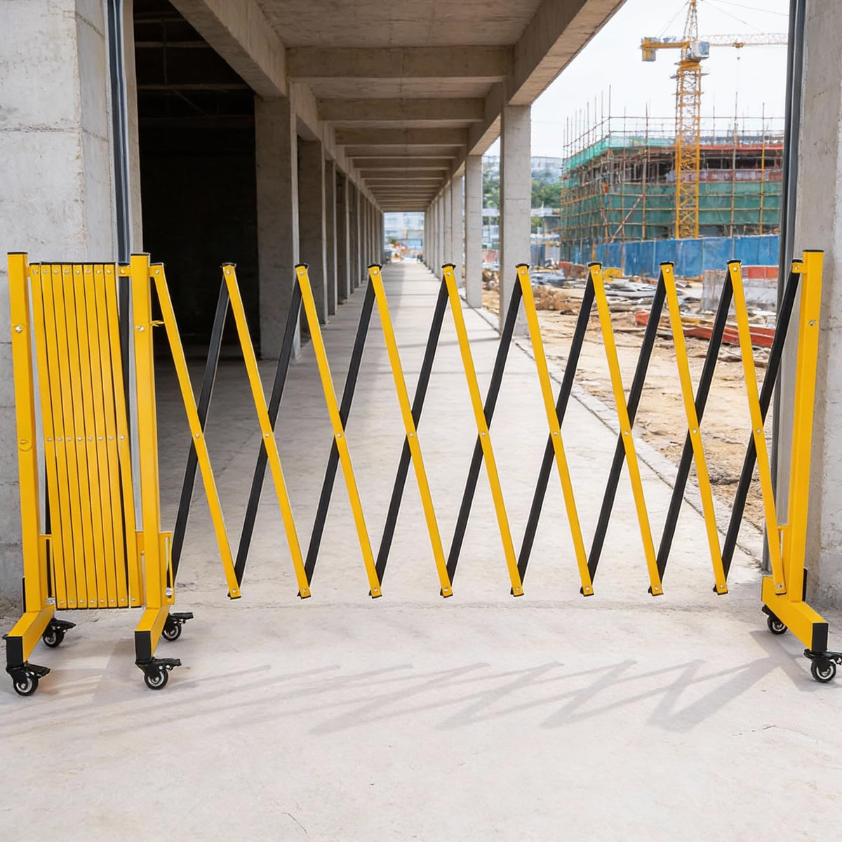 23.5FT Industrial Metal Expandable Barricade，Retractable Traffic Fence with Casters, Folding Security Gate，Portable Barricade Gate for Construction Area, Traffic Control, Cordon(Yellow