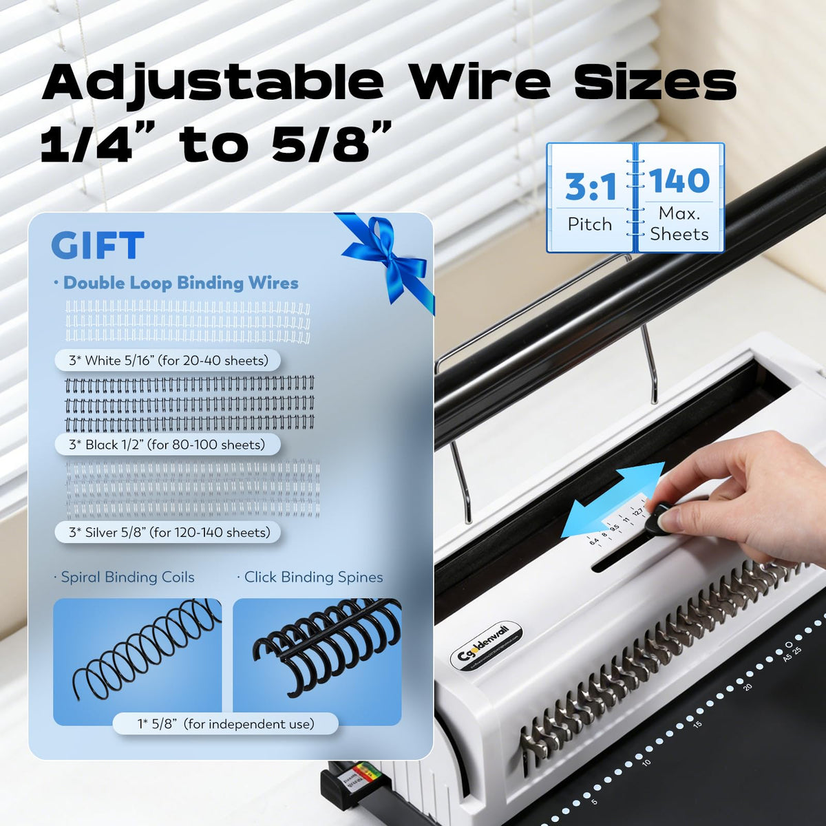 CGOLDENWALL Wire Binding Machine, Wire-O Binder, 3:1 Pitch 34 Holes, with 11 Coils Included, Punch 20 Sheets Bind 140 Sheets, Adjustable Pins Margins (Round Holes)