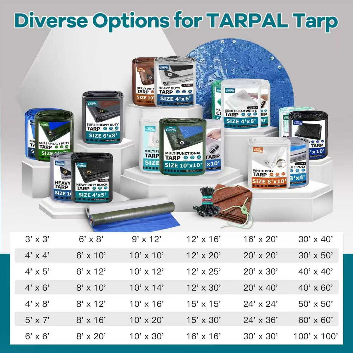 TARPAL Tarp 20x20 Feet Heavy Duty Tarps 14mil D-Ring Waterproof Tarp for Outdoors UV Protection Triangular Sewing Design Reinforced Corners and Edges（Black）