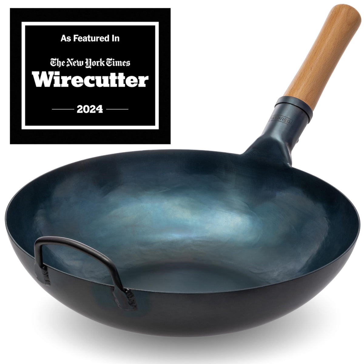 YOSUKATA Flat Bottom Wok Pan - 13.5" Blue Carbon Steel Wok With Lid 12.8 Inch - Premium Stainless Pan Cover with Tempered Glass Insert Steam Holes and Ergonomic Handle