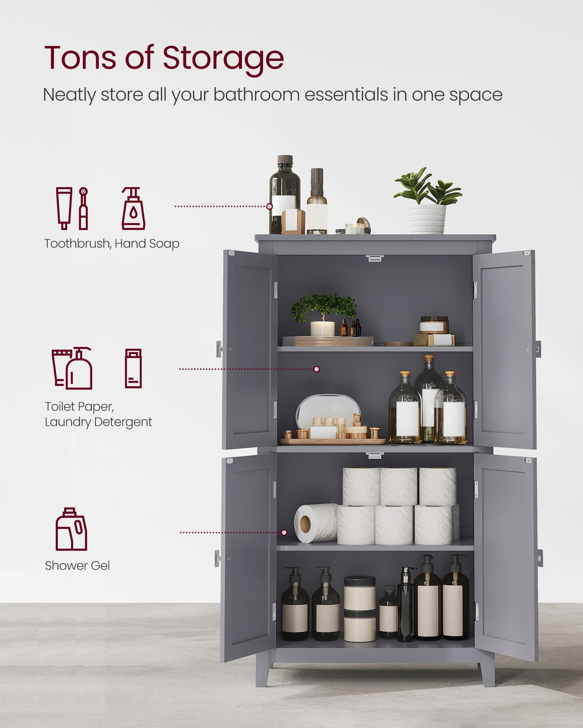 VASAGLE Floor Storage Cabinet, Freestanding Storage Unit with 4 Doors, Adjustable Shelves, 11.8 x 23.6 x 43.3 Inches, for Entryway, Bathroom, Dove Gray UBBC552P36V1