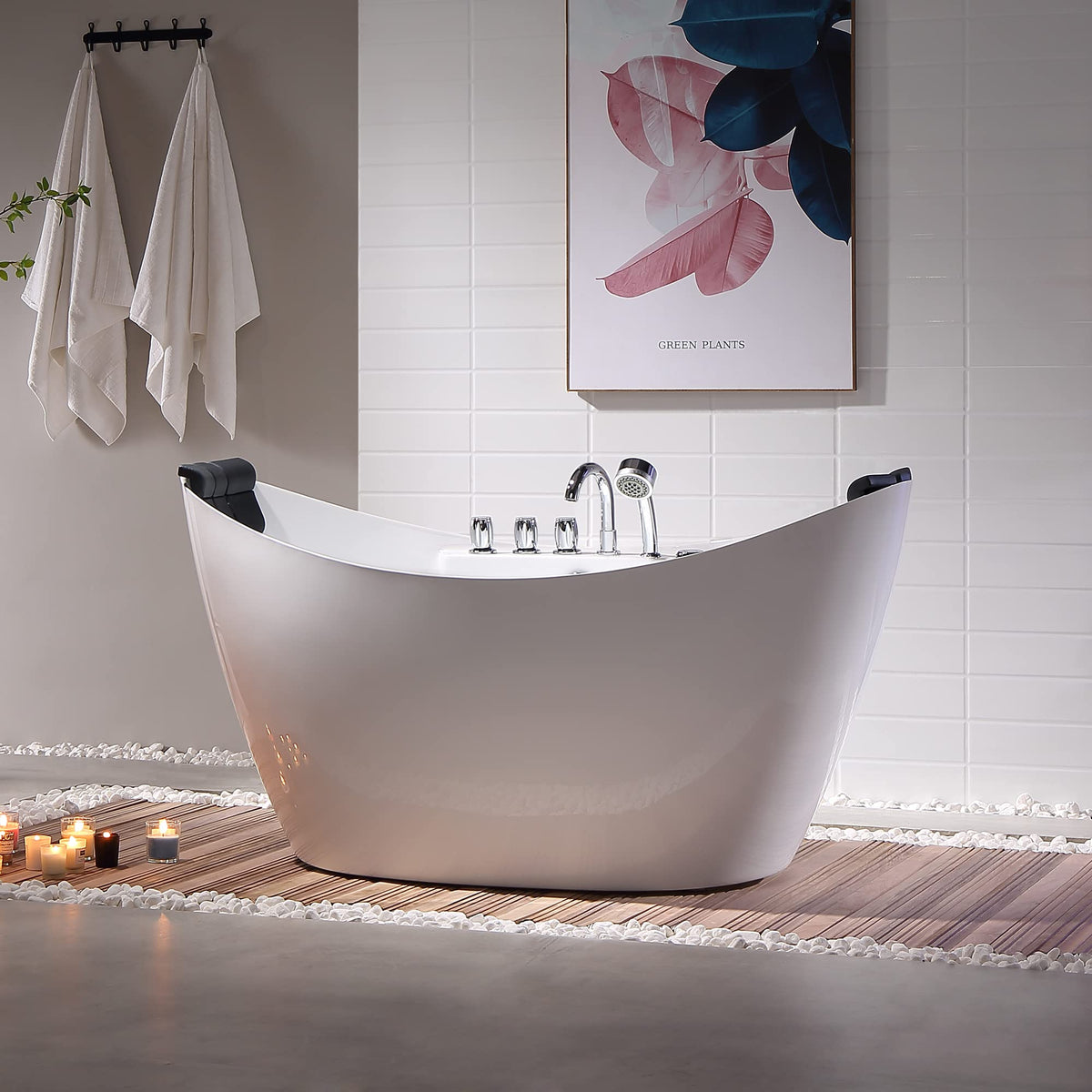 Empava 68 in. Acrylic Freestanding Tub Hydromassage Gracefully Oval Shaped Whirlpool 8 Water Jets Soaking SPA, Double-Ended Massage Bathtub with 2 Black Pillows , White