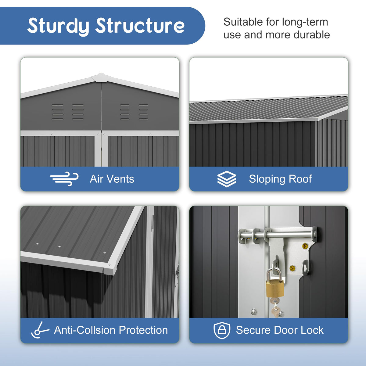 10'x10' Galvanized Steel Outdoor Storage Shed with Lockable Sliding Double French Doors & Top Air Vents, Large Heavy-Duty Garden Tool Shed, Black