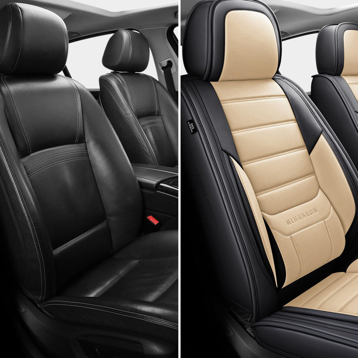 MINGBRON Car Seat Covers Full Set, Brown Car Seat Cover Lumbar Support, Car Seat Protector Waterproof, Nappa Leather Car Seat Cushion, Front Seats and Back Fit for Most Cars Beige