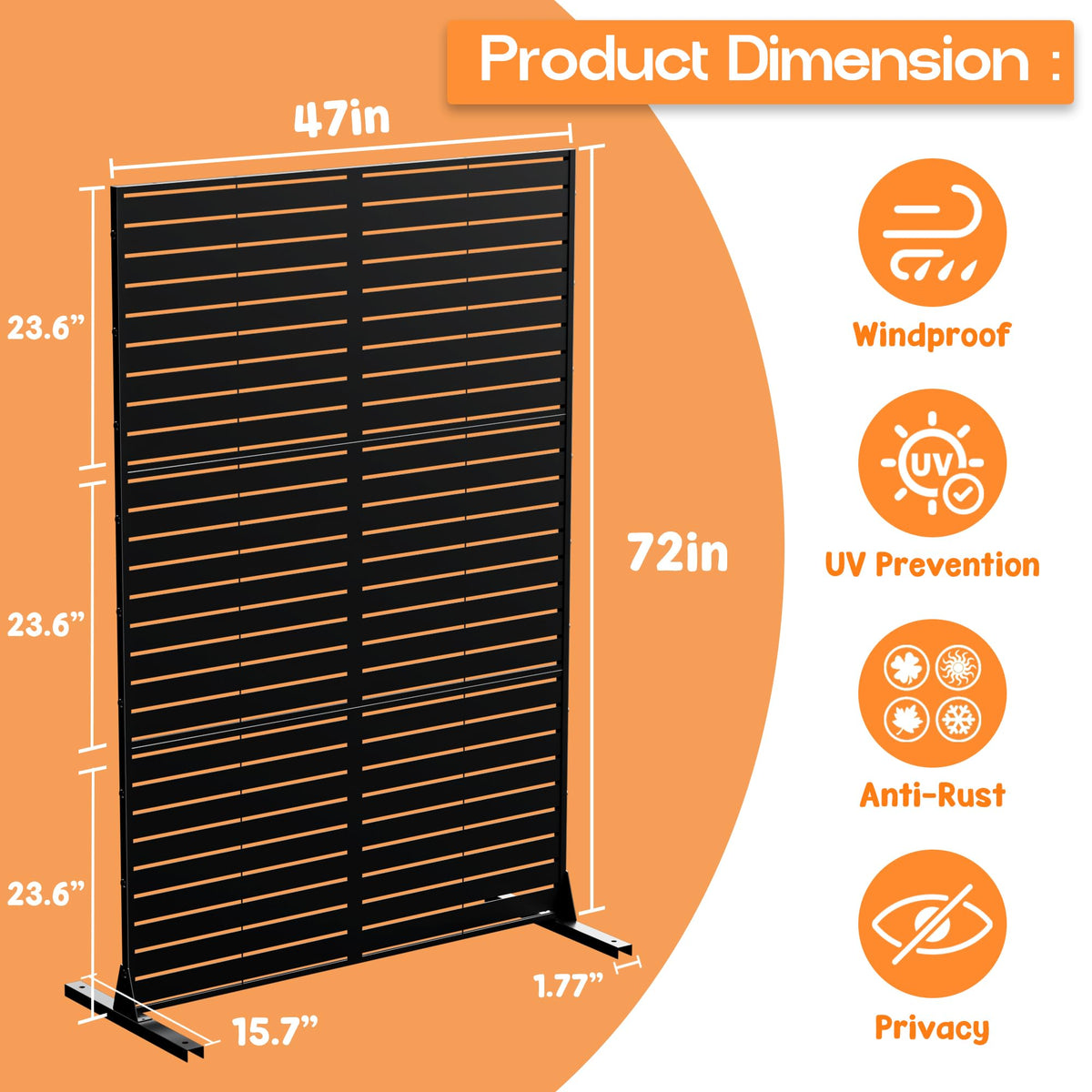 MTART Metal Privacy Screen 72" H x 47.2" Decorative Outdoor Privacy Screen Privacy Panel with Stand for Balcony Deck Patio Lawn Garden, Privacy Fence (Black-Louvered)