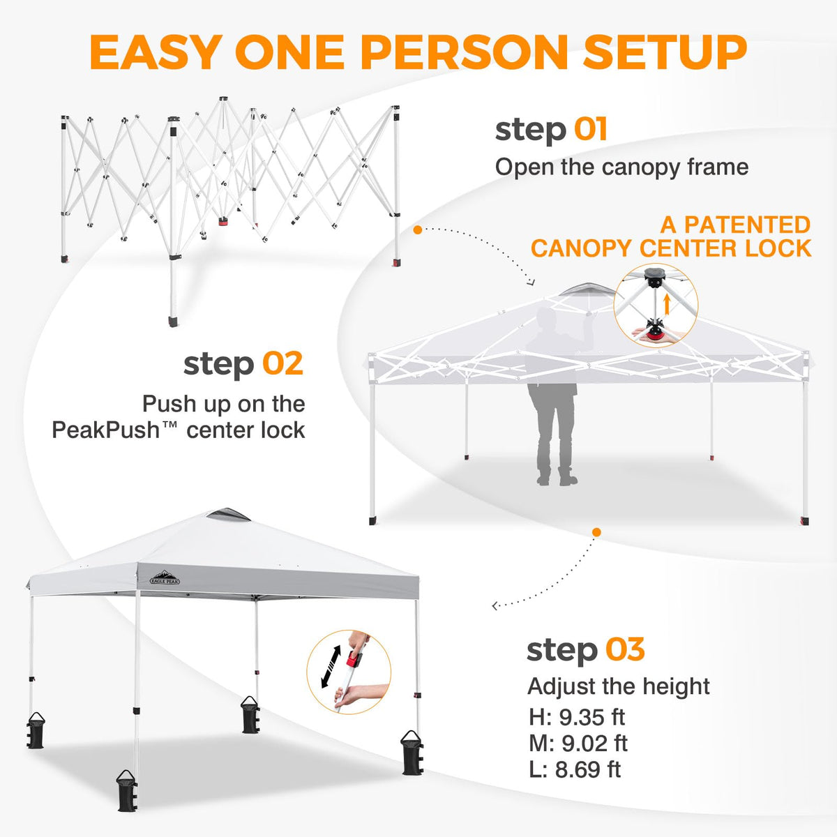 EAGLE PEAK Pop Up Canopy Tent with Wheeled Carry Bag, 8 Stakes, 4 Ropes, 4 Weight Bags, Easy Set Up Tent Canopy, 10x10 ft, 100sqft of Shade, White