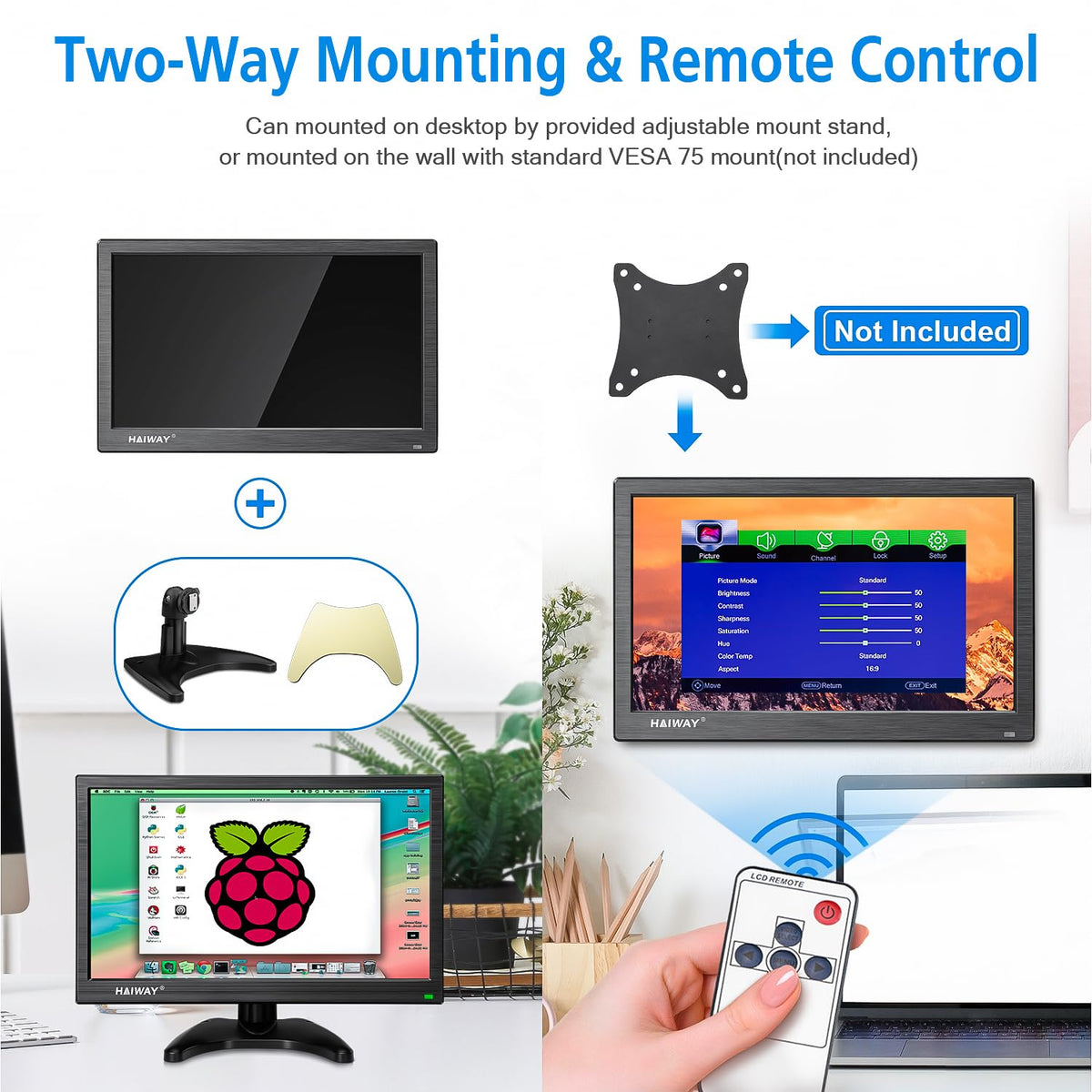 Haiway 14 Inch Security Monitor, 1366x768 Resolution Small PC Monitor Built-in Speakers with HDMI/VGA/BNC/AV Ports, Home Office Mini hdmi Monitors for Laptop, CCTV Camera, Gaming with Remote Control