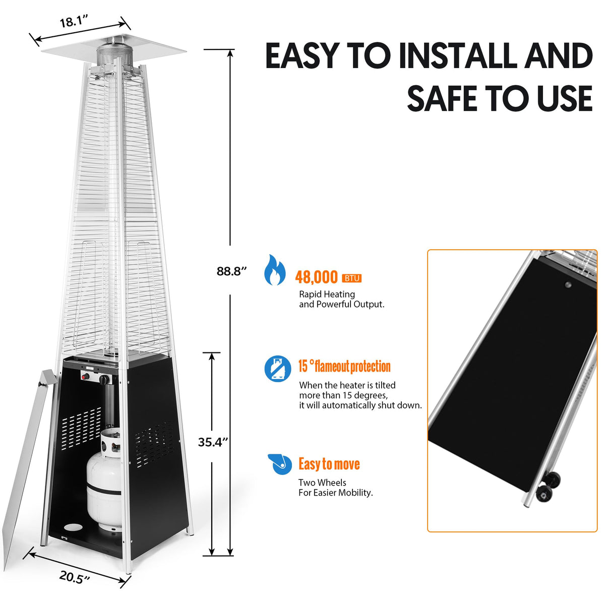 Pyramid Patio Heater,48,000 BTU Outdoor Propane Heater with Glass Tube, Propane Tall Tower Design with Wheels & One-Button Ignition for Backyard, Deck, and Commercial Use