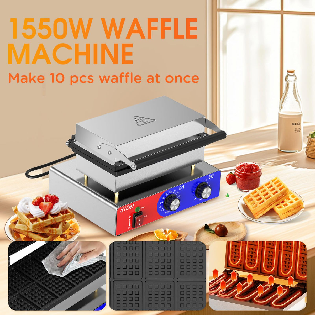 HTTSICHI Square Waffle Maker - Commercial Waffle Iron w/Non-stick Baking Pans, 550 ℉ Temperature and Timers, 1550W Hotel Waffle Machine for Double Baking, Professional Stainless Steel Waffle Maker