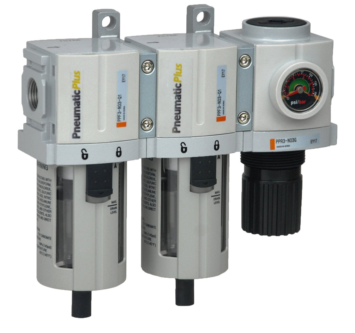 PneumaticPlus PPC3C-N02G Compressed Air Drying System- Particulate Air Filter, Coalescing Filter & Air Pressure Regulator Combo 1/4" NPT (High Flow), Poly Bowl with Guard, Manual Drain