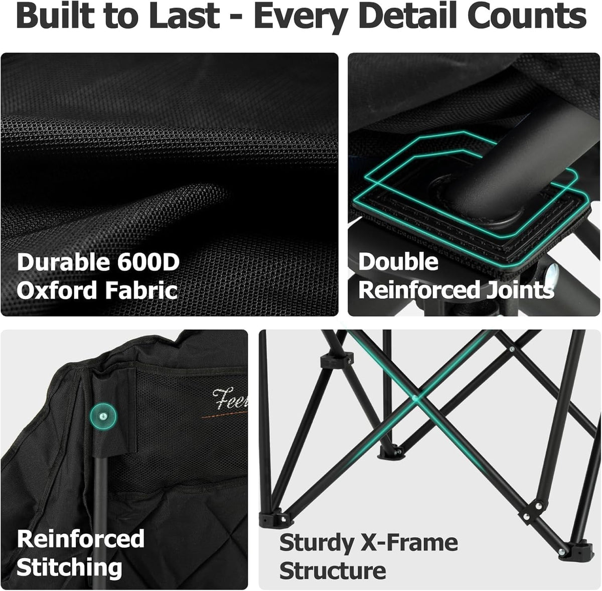 Overmont Oversized XL Camping Chair for Adults - 500lbs Support Heavy-Duty Padded Folding Chair with Side Pocket Cup Holder Cooling Bag for Outdoor Sports Garden Beach Fishing Lawn Black 2pcs