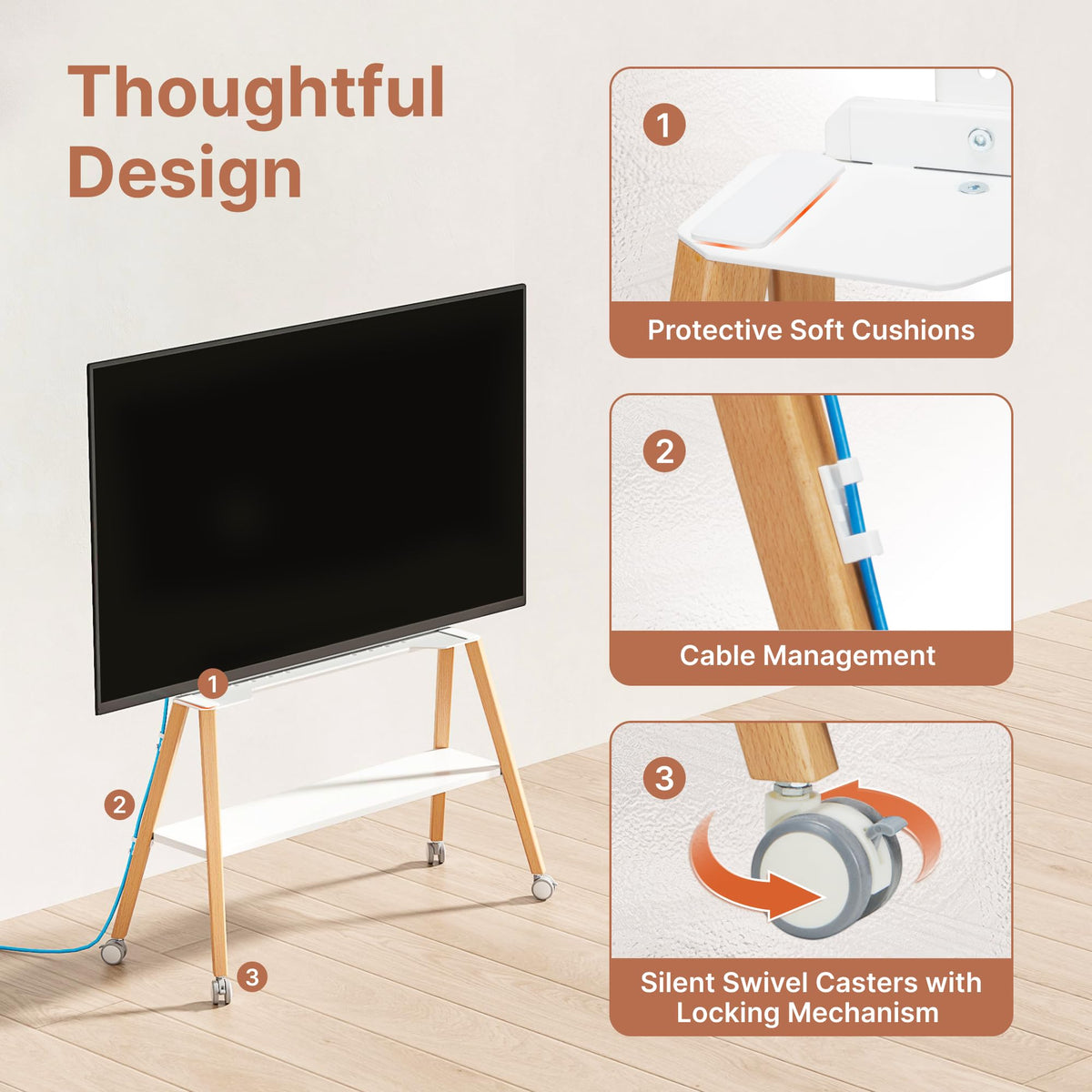 ECOTINY Rolling Easel TV Stand for 49–75 Inch TVs, Mobile TV Cart with Lockable Wheels, Cable Management, Metal Support Frame, Wooden Legs and Shelf, for Home, Office and Classroom, White