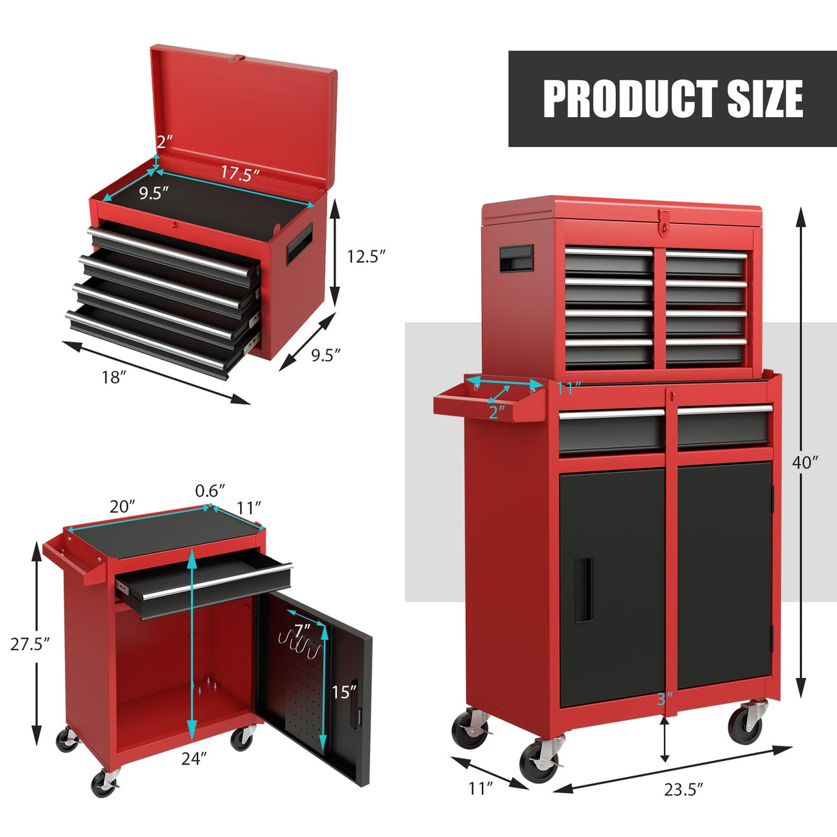 Goplus Tool Chest, 5-Drawer Rolling Tool Storage Cabinet with Detachable Top Tool Box, Liner, Universal Lockable Wheels, Adjustable Shelf, Locking Mechanism, Metal Tool Cart for Garage Workshop