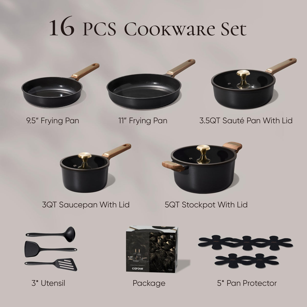 CAROTE Ceramic Cookware Set Nonstick, 16pcs Pots and Pans Set Nonstick, Non-Toxic & PFAS-Free, Dishwasher, RV/Camping Cookware Set, Cooking Pots with Lids, Charcoal Black