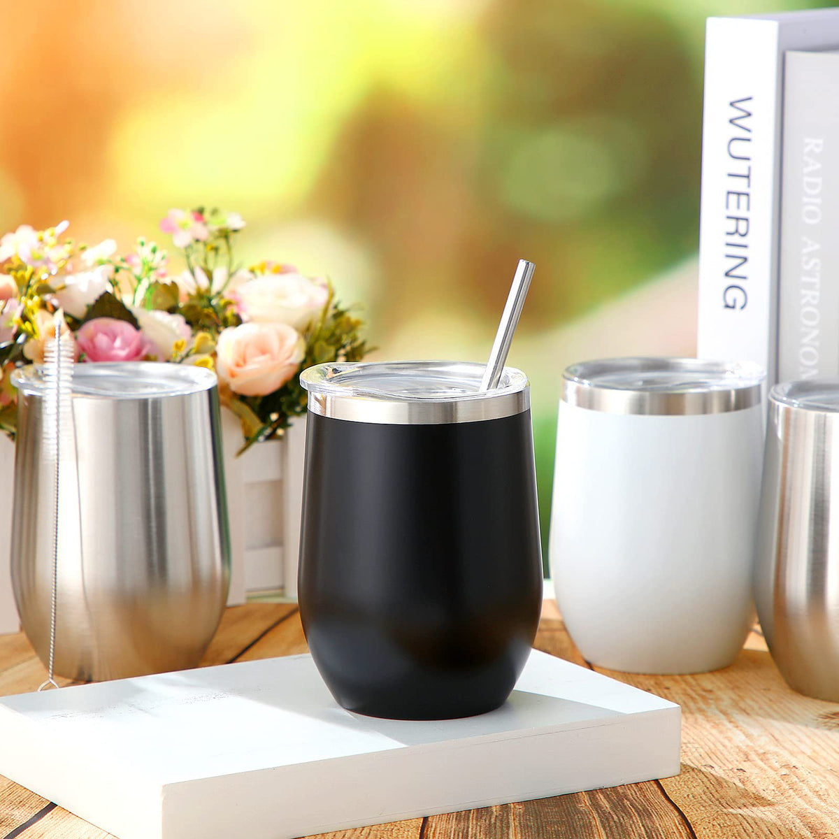 Sieral 40 Pack Insulated Wine Tumblers Bulk 12oz Stainless Steel Wine Cups with Lids & Straws, Double Wall Vacuum Coffee Tumbler for Wedding Party, Employee Teacher Nurse Gifts(Black, White, Silver)