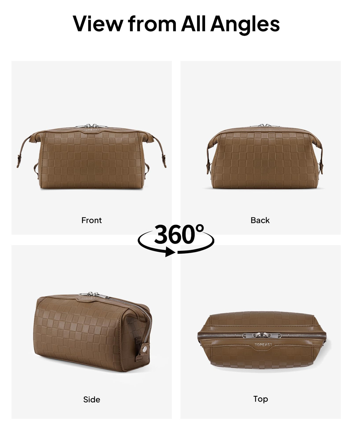 TOPEAST Travel Makeup Bag Cosmetic Bags for Women, 3 Pcs Set Make Up Toiletry Bag with Removable Zip Purse, Waterproof Leather Makeup Brush Organizer for Travel Essentials, Brown
