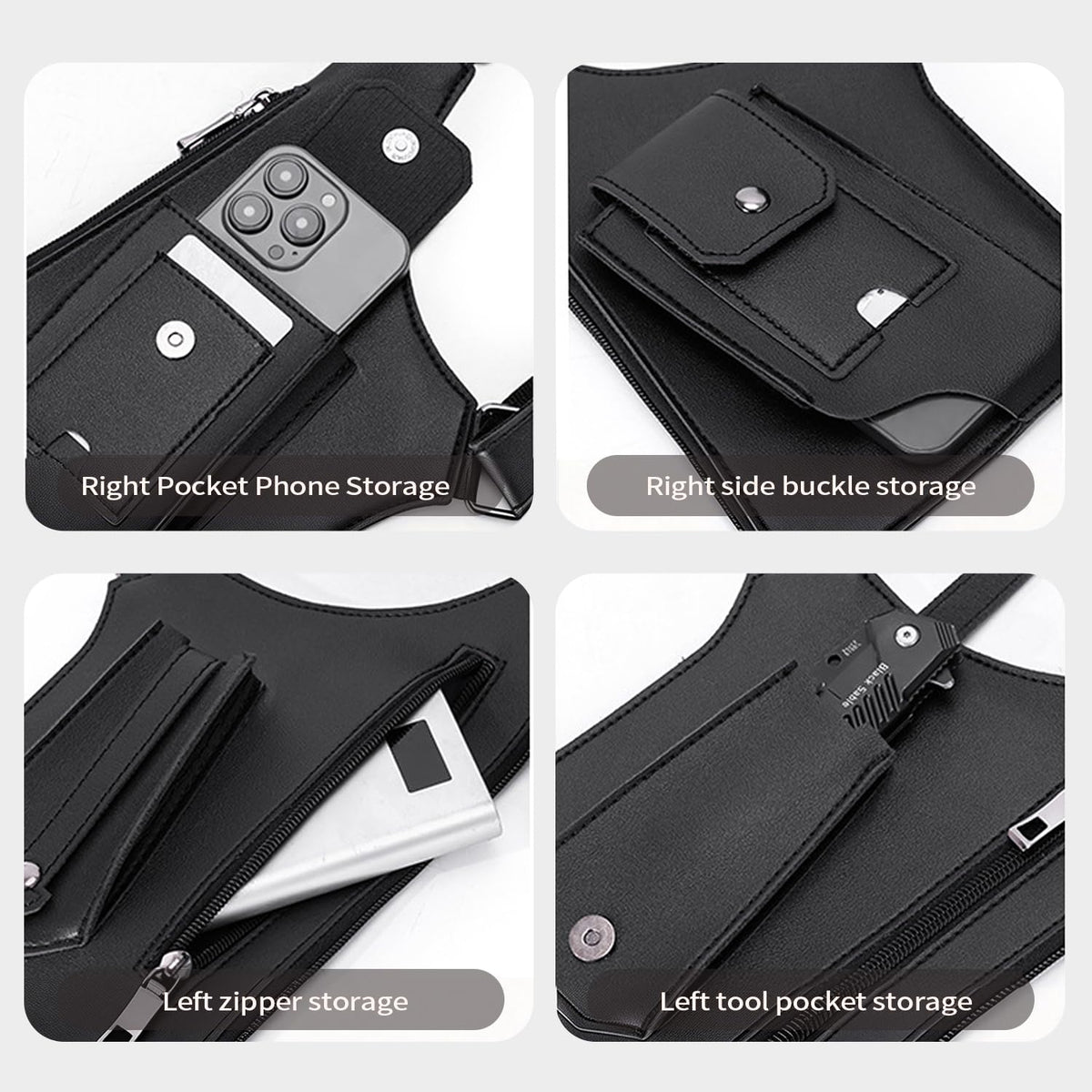 BELLPO Double Shoulder Armpit Bag for Men, Leather Shoulder Bag - Anti-Theft Underarm Wallet & Phone Pouch with Adjustable Strap, Hidden Chest Bag for Travel & Outdoor (Black)