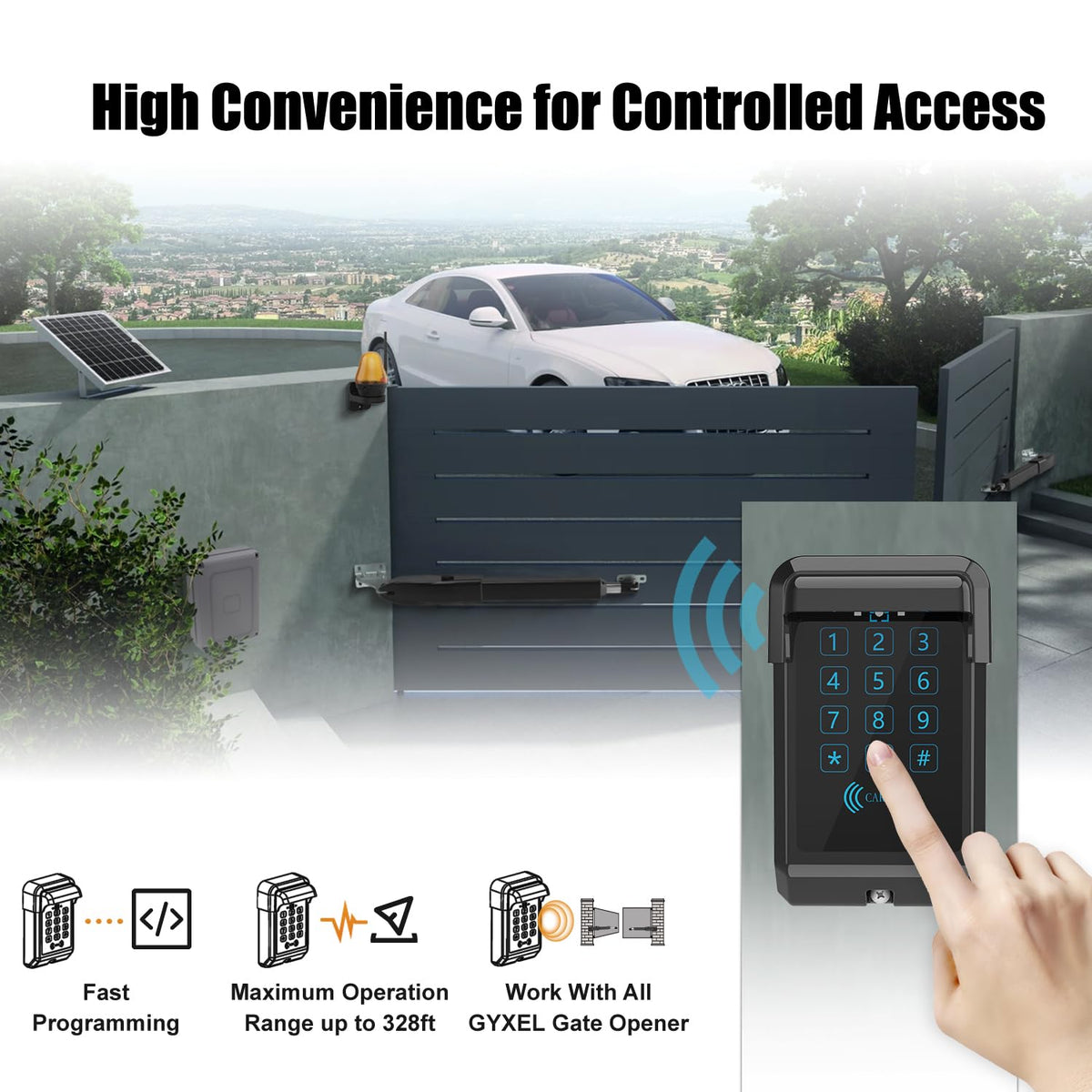 GYXEL Solar Single Gate Opener with Batteries & Solar Panel + Wireless Gate Keypad for Single Swing Gates Up to 440lb with Remote Complete Kit PKM-C01-L